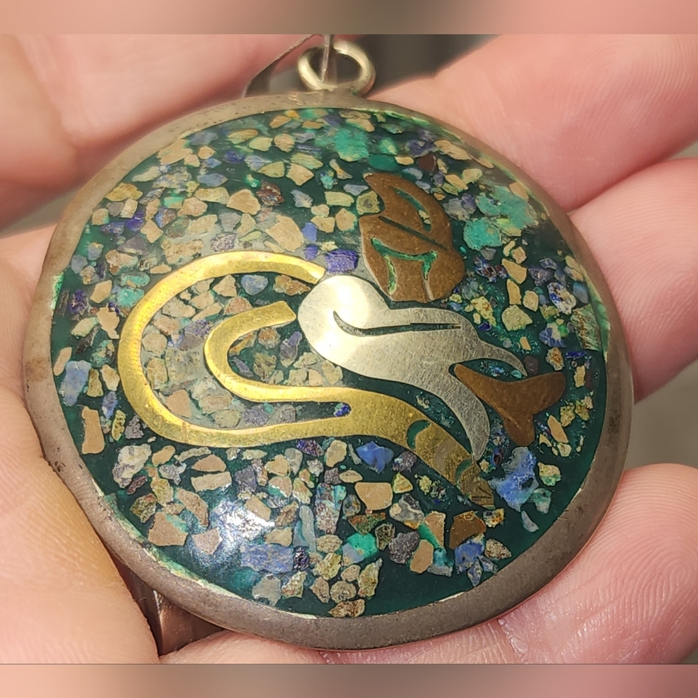 Vintage Sterling Silver and copper Aztec/Mayan motif Pendant (2 Sided )